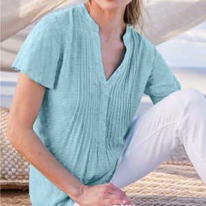Soft Surroundings Women Top Size Large Turquoise Coastal Offshore‎ Pintucked